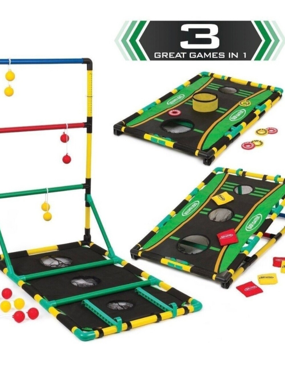 GO! GATER 3-in-1 Ladderball, Bean Bag Toss, Washer Toss Plastic Outdoor Game Set